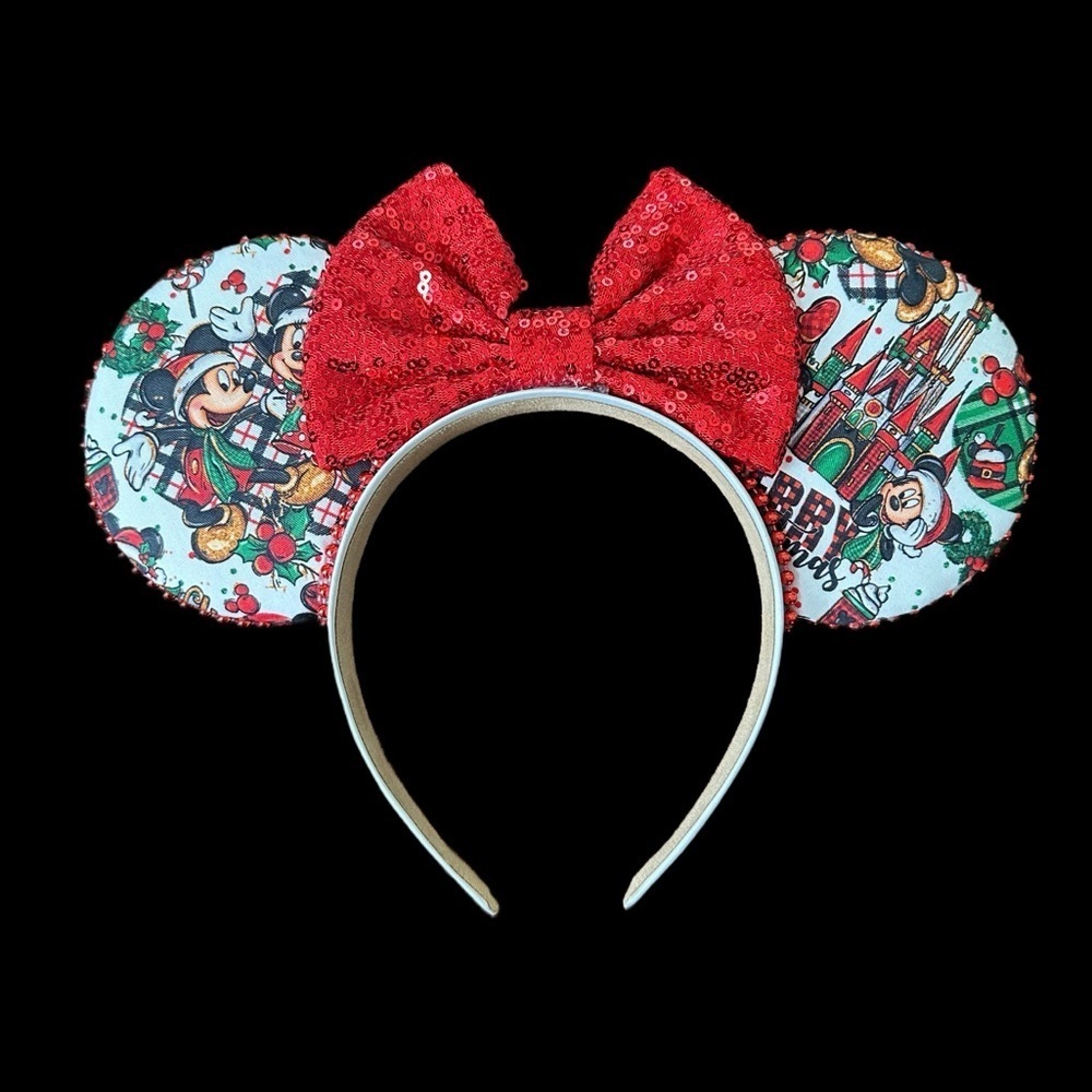 Women’s Handmade Disney Inspired Holiday Minnie Ears Red Sequined Bow - NWOT